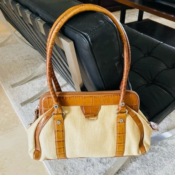Monsac Handbags - Vintage Monsac woven linen and leather satchel